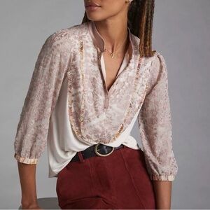 Tiny | Anthropologie | Blush Ruffled Embroidered Blouse | Sz L